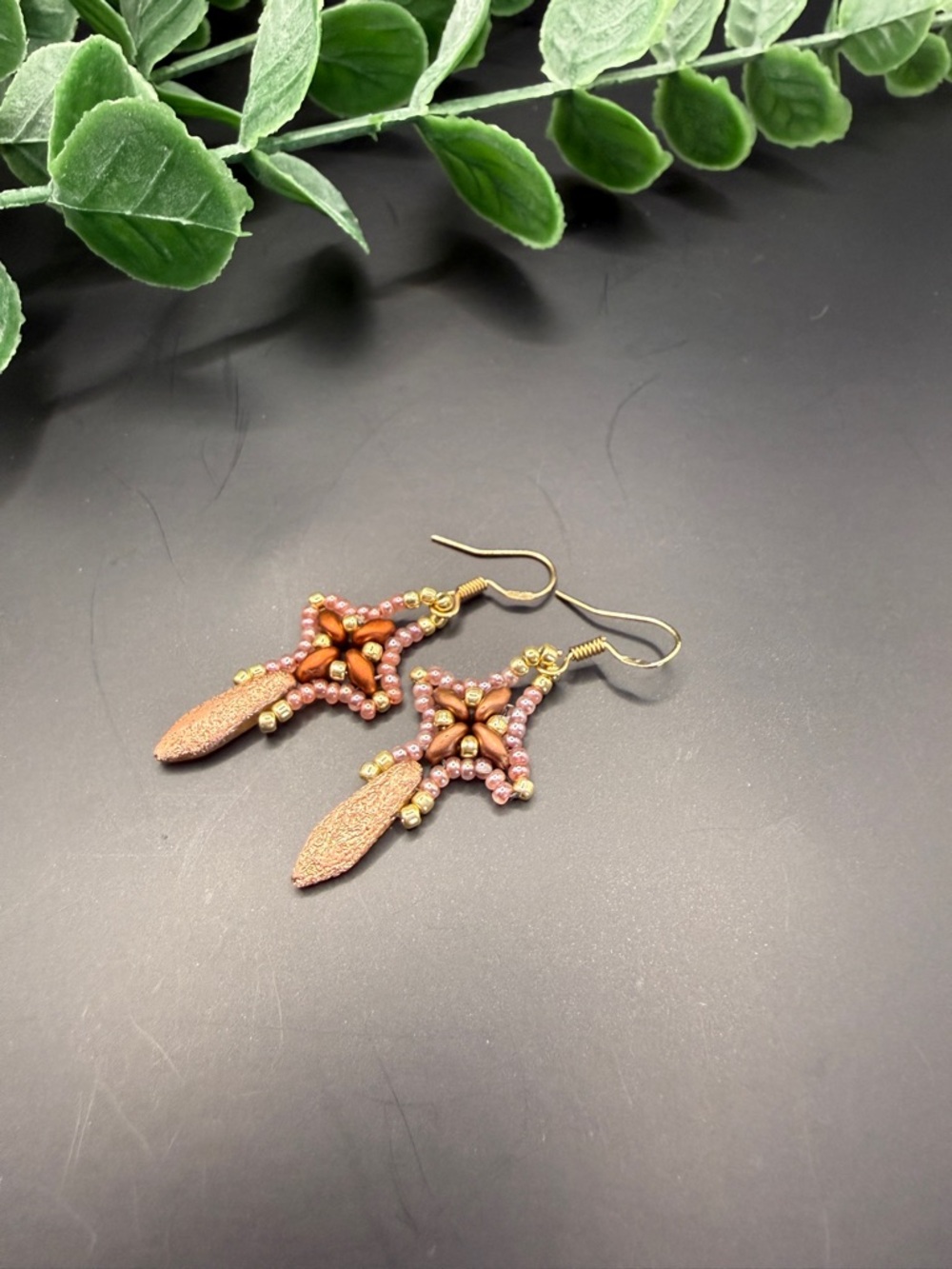 Pink and Gold Beaded Star Drop Earrings